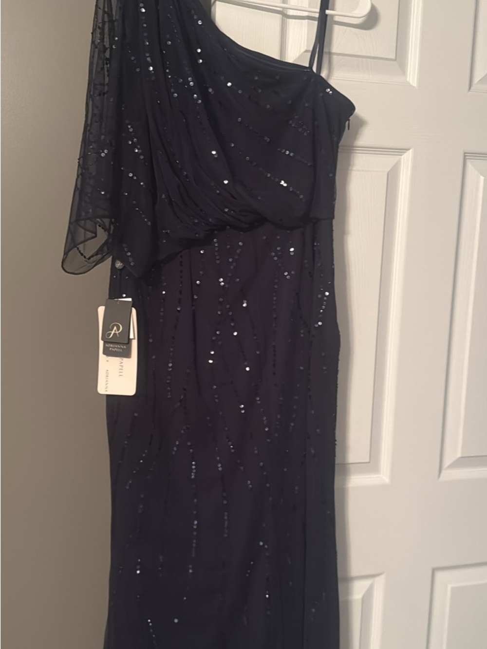 Adrianna Papell Navy One-Shoulder Sequin Evening Gown - Picture 2 of 2